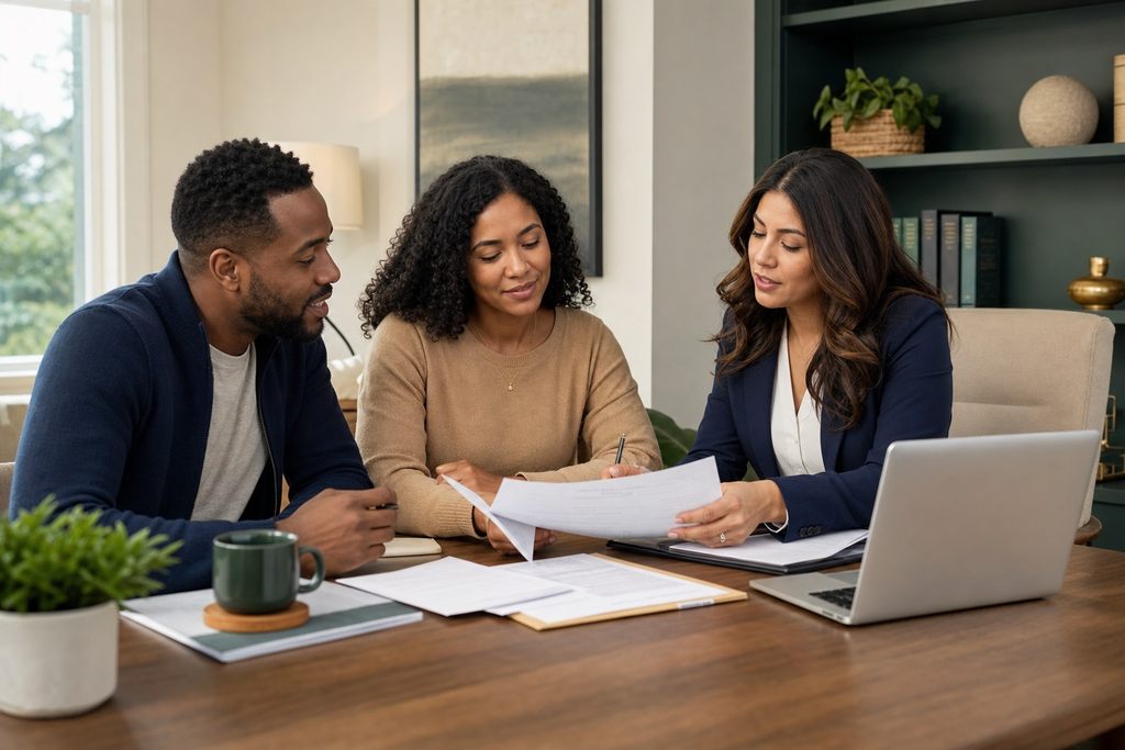 A tax professional reviewing documents with clients at a local office